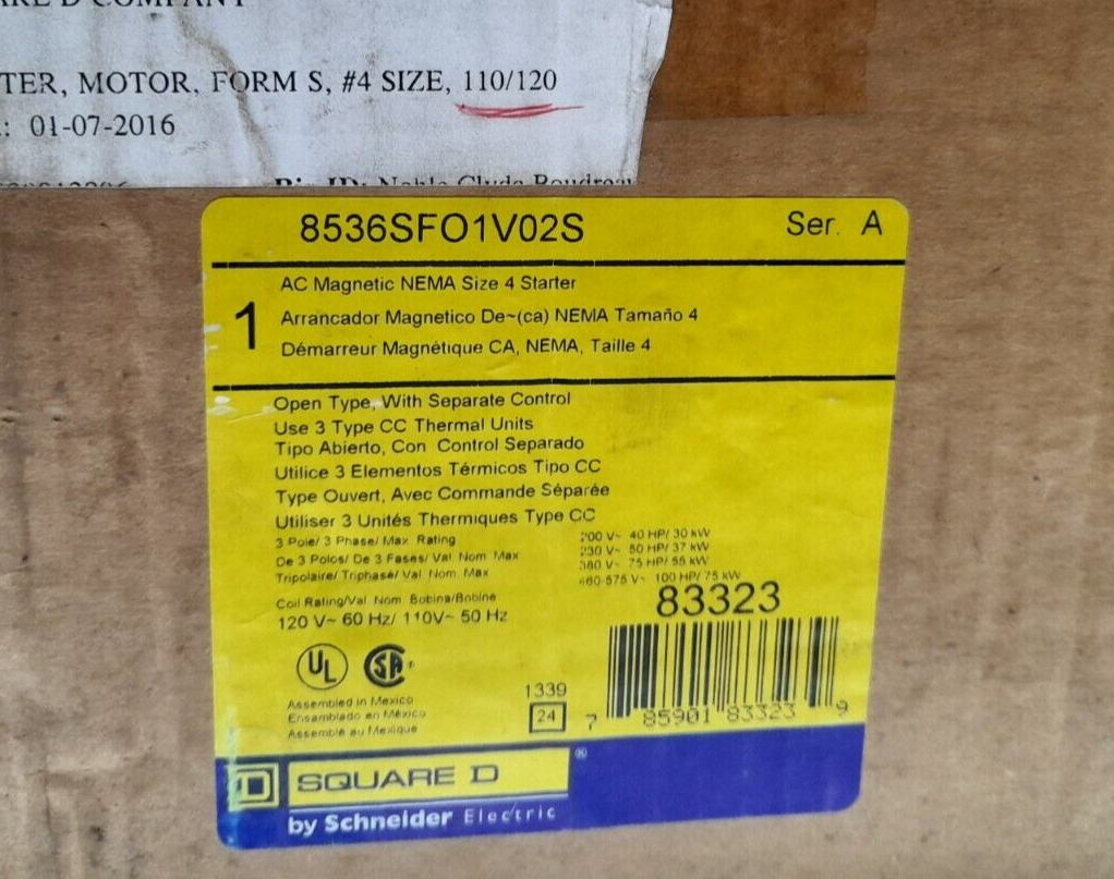 Square D 8536SFO1V02S Ser A AC Magnetic NEMA Size 4 Starter 3 Pole 110/120V50/60