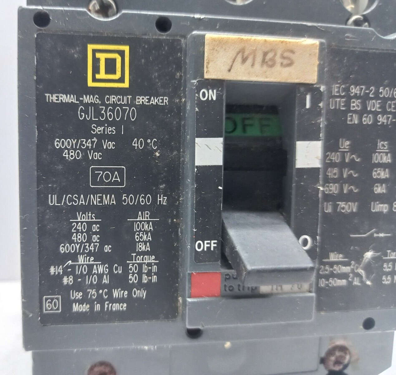 Square D GJL36070 Thermal Magnetic Circuit Breaker 70A 600Y/347 VAC 480VAC