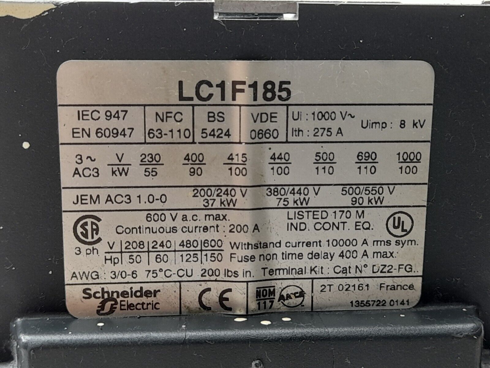 Telemecanique Square D LC1 F185 Contactor LX1 FG 095 Coil 95V50Hz 115-120V60Hz