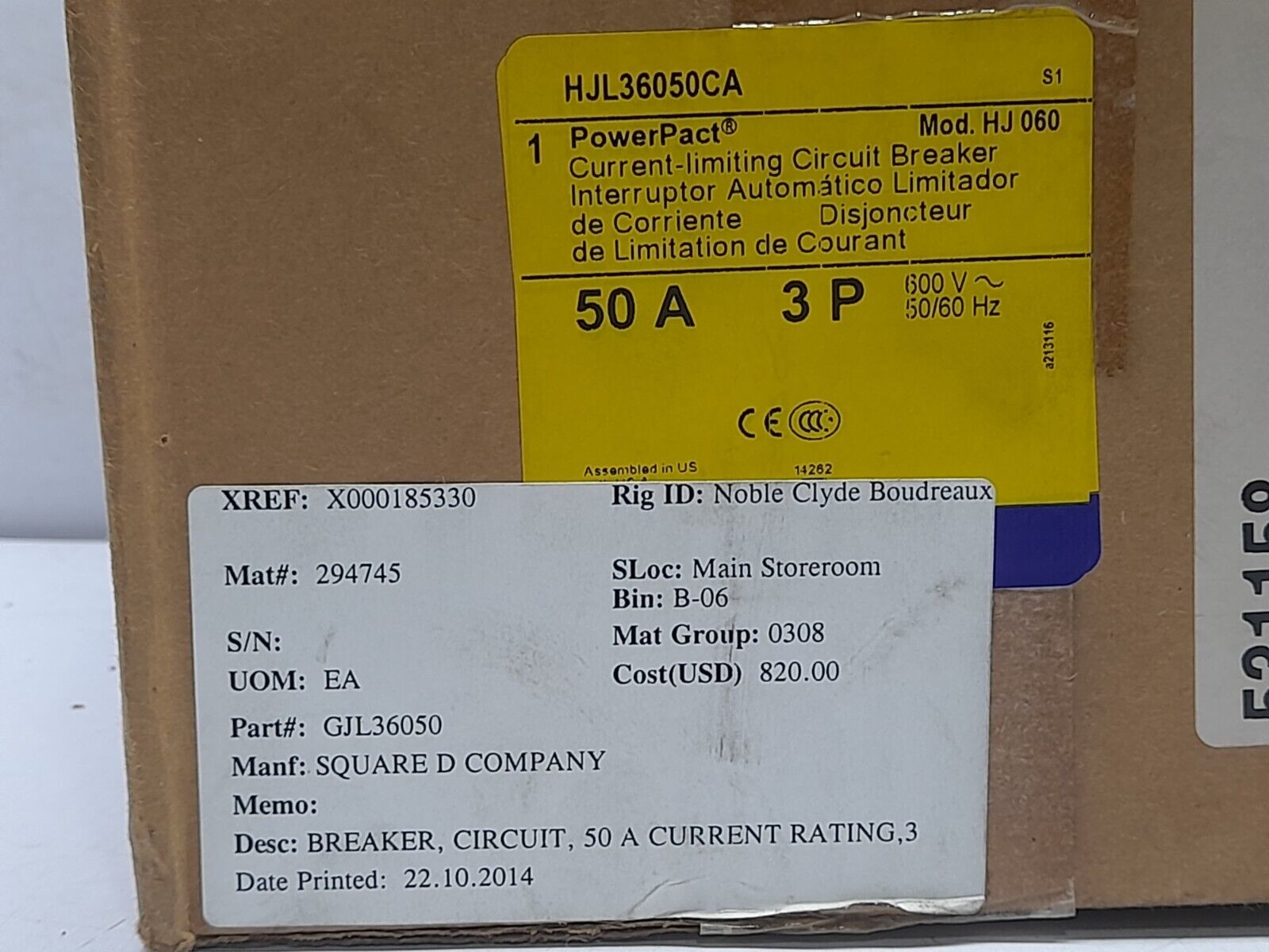 Square D HJL36050CA PowerPact Current Limiting Circuit Breaker Mod. HJ 060 50A