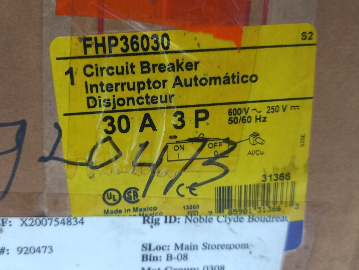 Square D FHP36030 Circuit Breaker 30A 3P 600VAC 250VDC 50/60Hz FH 30 A