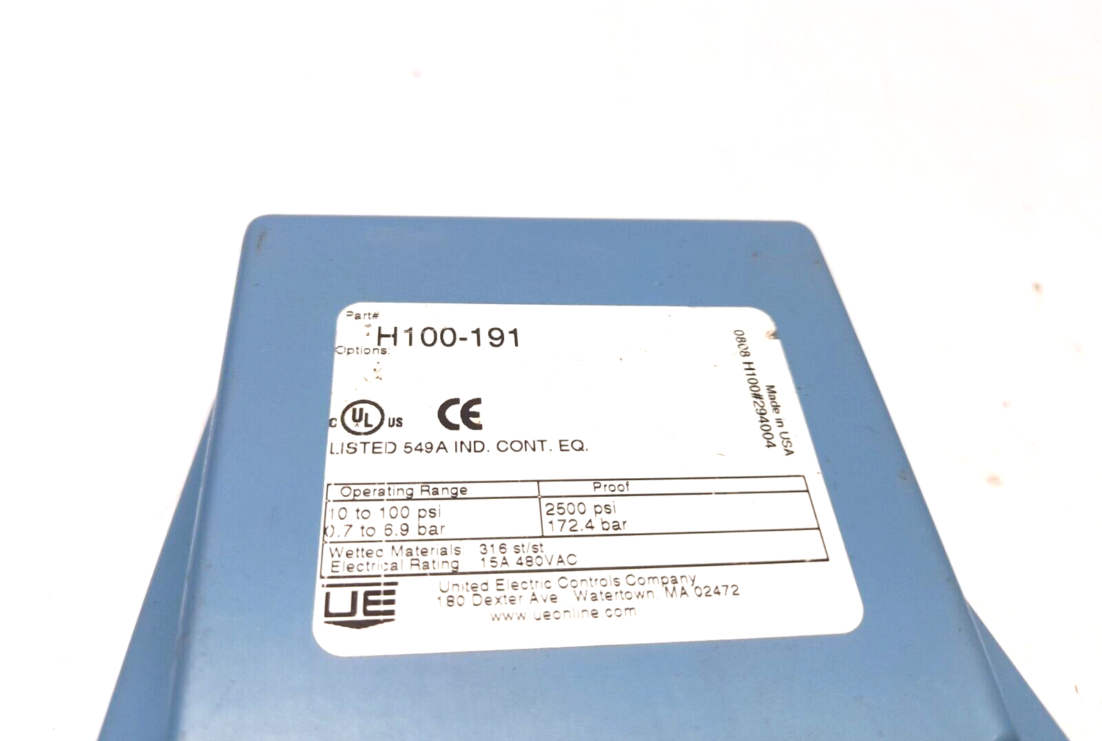 UE United Electric H100-191 Pressure Switch H100191 Operating Range 10 to 100PSI
