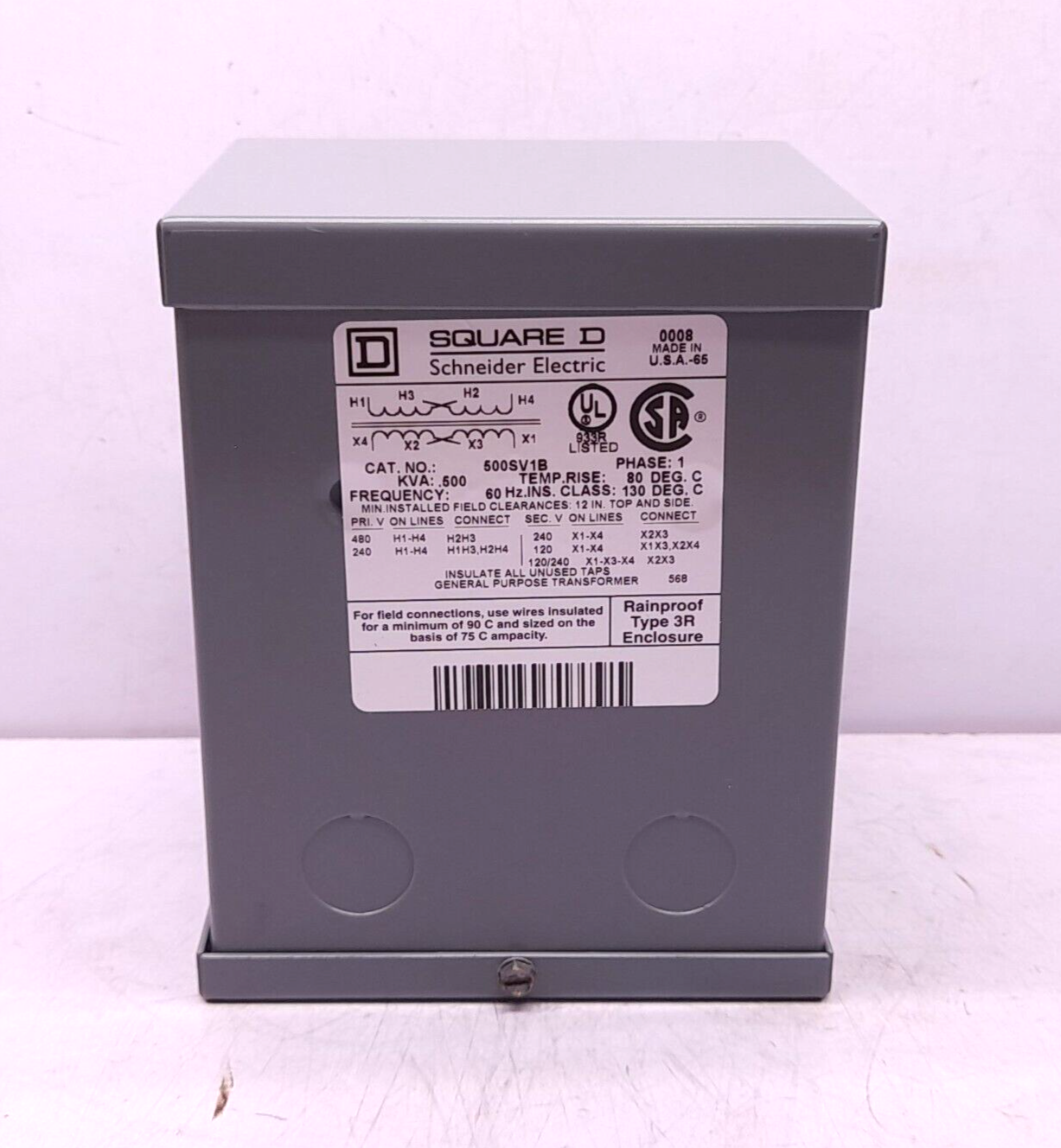 Square D 500SV1B Transformer 1Ph .500kVA 60Hz Pri 240/480V Sec 120/240V