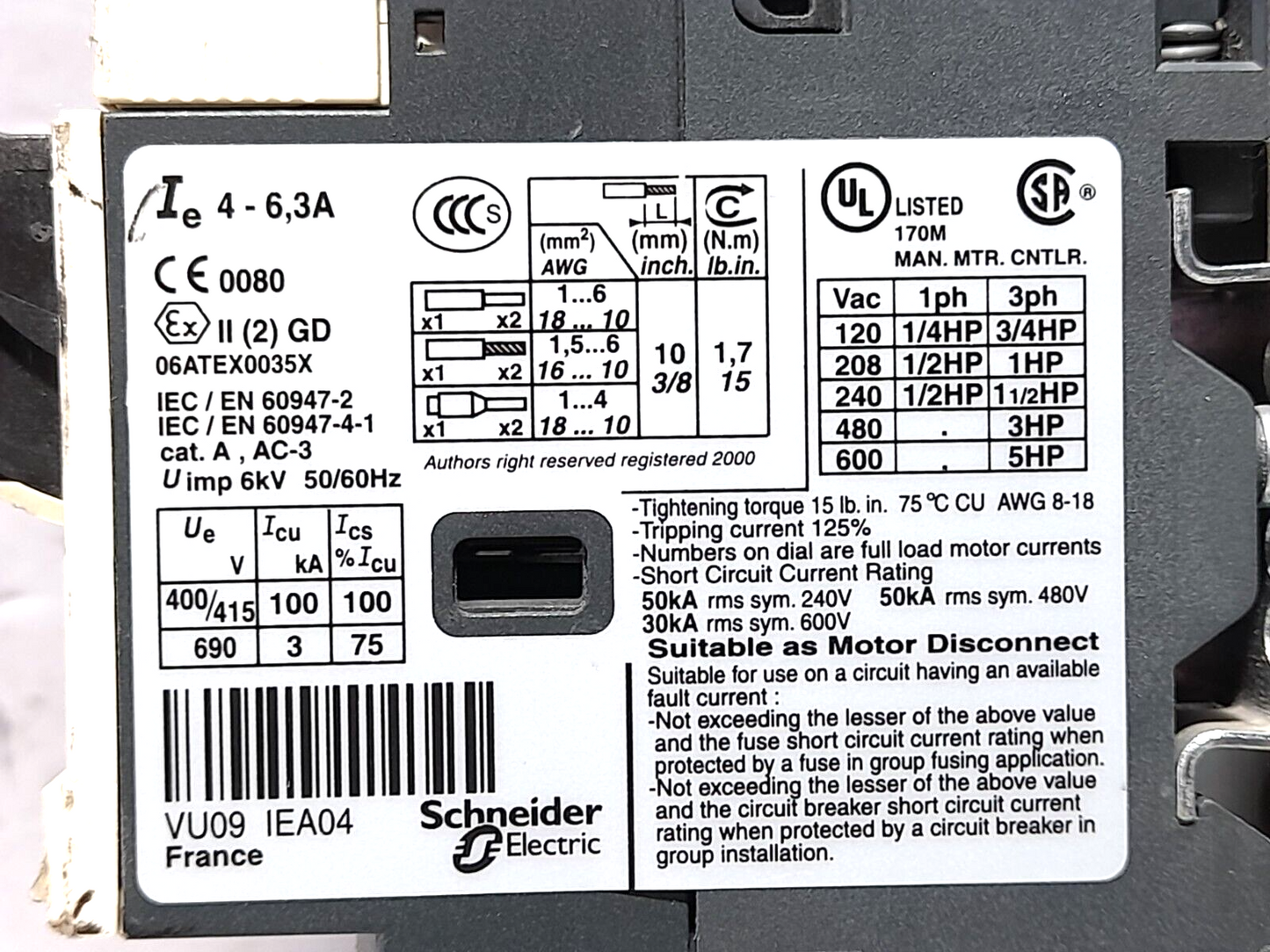 Telemecanique GV2ME10/4-6.3A Circuit Breaker With LP4K12 10BW3 Contactor 24VDC