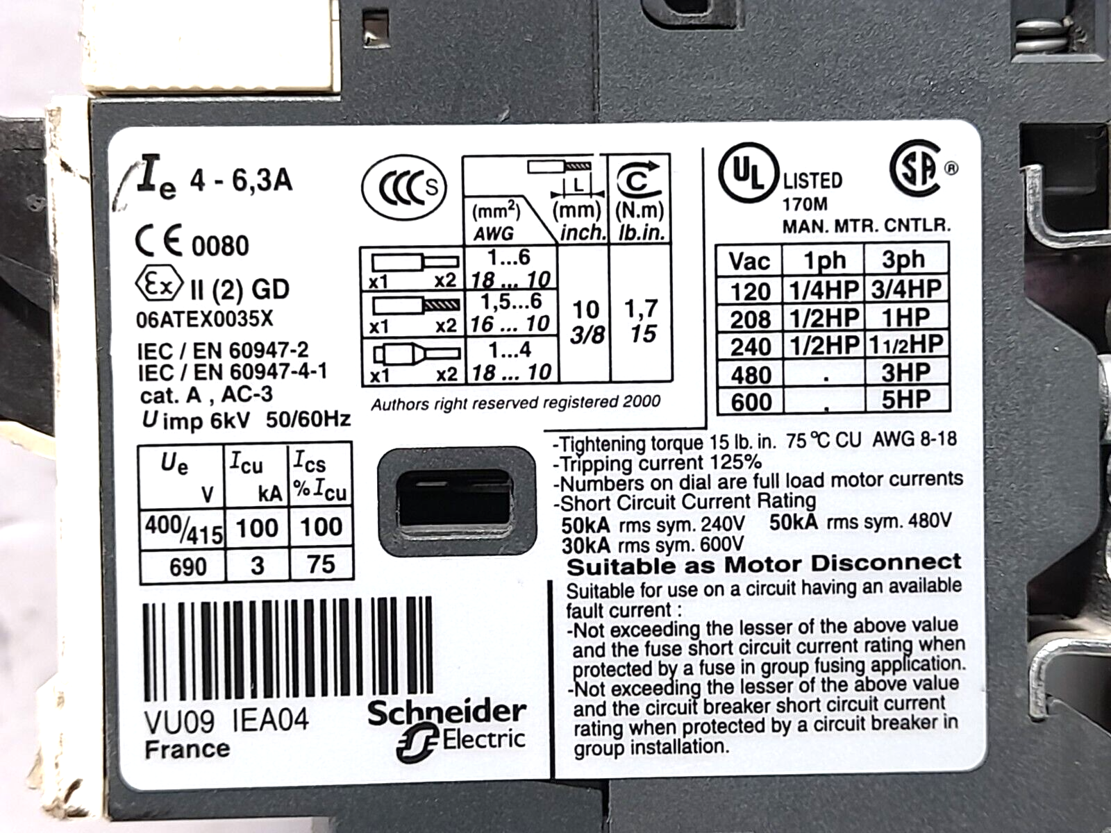 Telemecanique GV2ME10/4-6.3A Circuit Breaker With LP4K12 10BW3 Contactor 24VDC