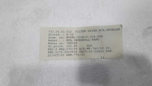 Sporlan C-304S-HH 2800 Filter Drier Ingersoll Rand 922H (C-304-SHH