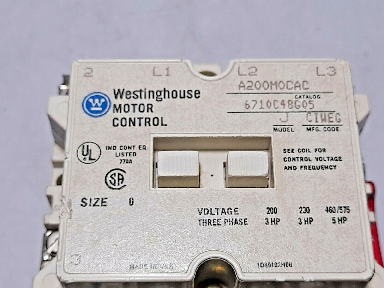 Westinghouse Motor Control A200M0CAC 6710C48G05 J Contactor 120V60Hz 110V50Hz