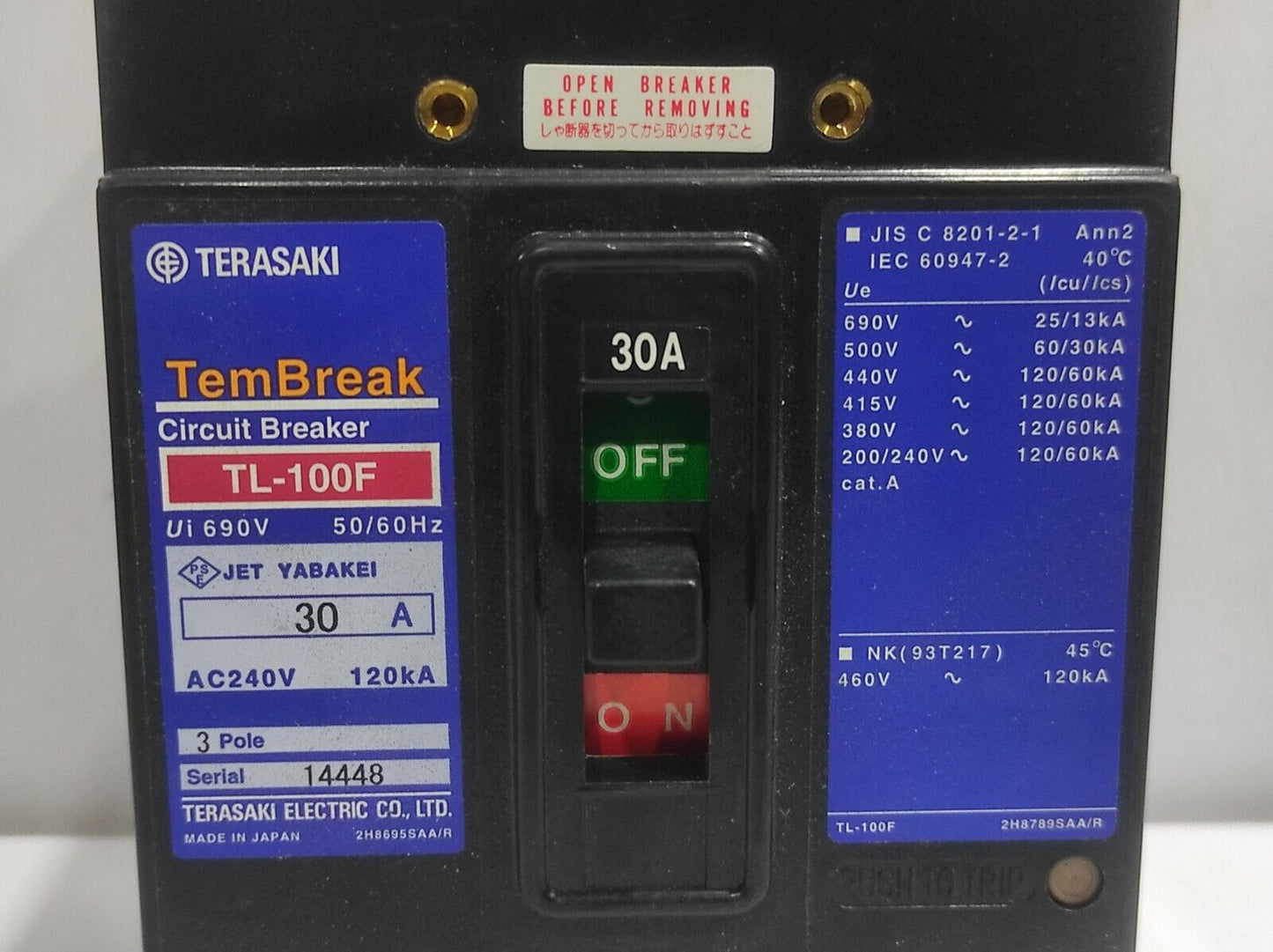 Terasaki TL-100F Circuit Breaker 3P 30A PM 50/60Hz Ui 690V  AC240V / TL100F