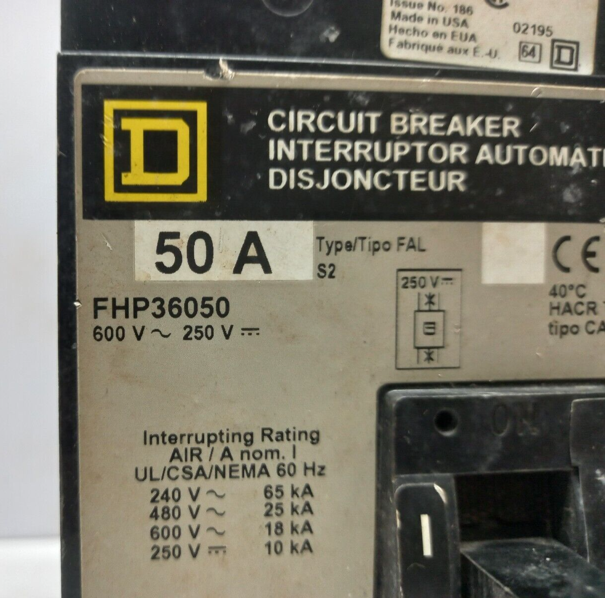 Square D FHP36050 Circuit Breaker 50A 600VAC 250VDC (1)