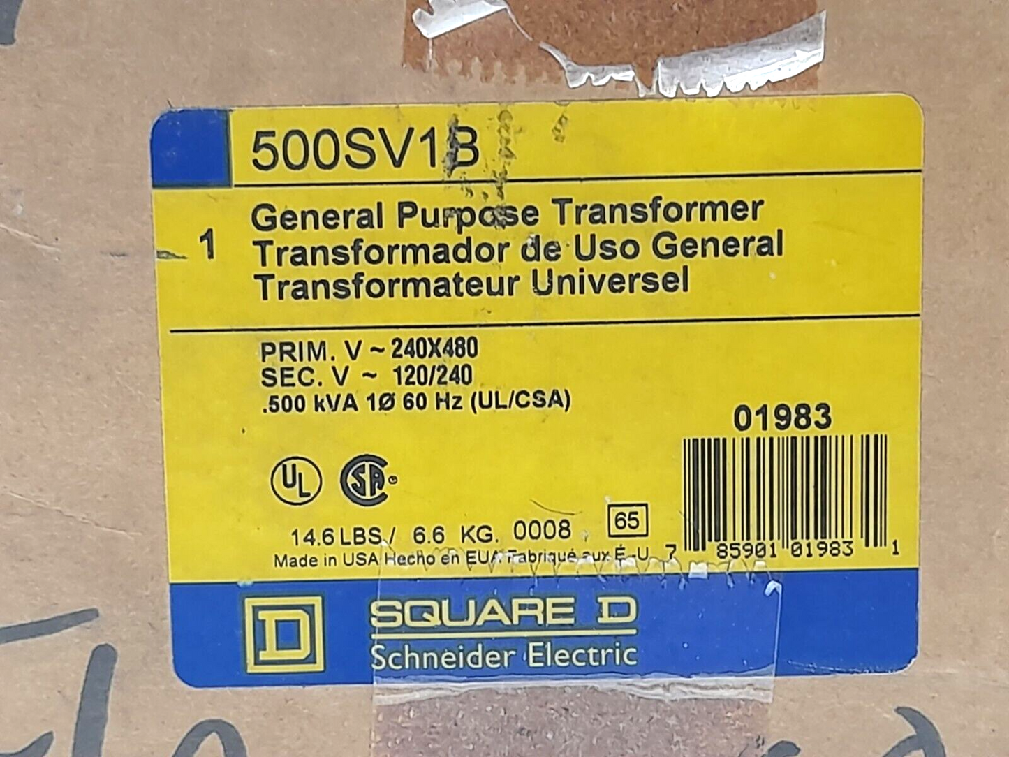 Square D 500SV1B Transformer 1Ph .500kVA 60Hz Pri 240/480V Sec 120/240V