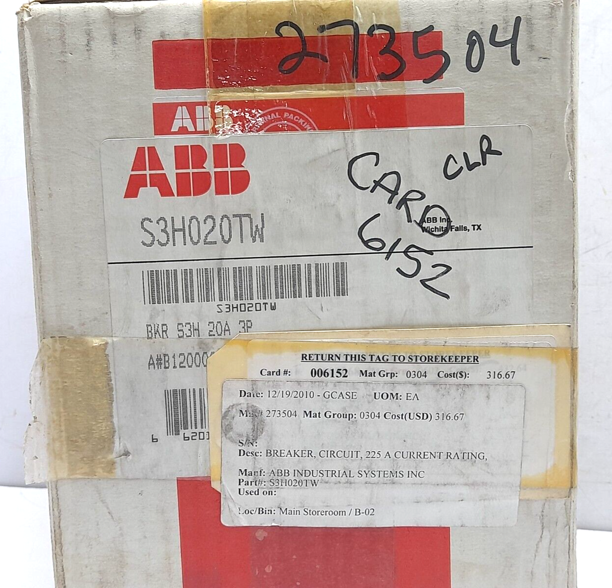 ABB SACE S3 S3H020TW Circuit Breaker S3H 20A BKR S3H 20A 3P