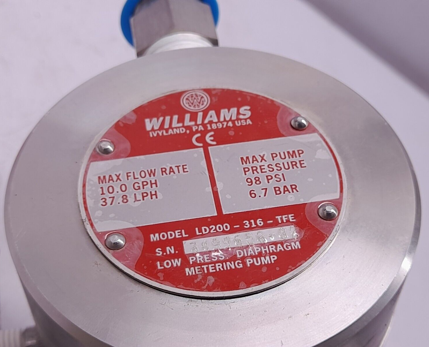 Williams LD200-316-TFE Low Pressure Diaphragm Metering Pump With MARK XIIA Pneum