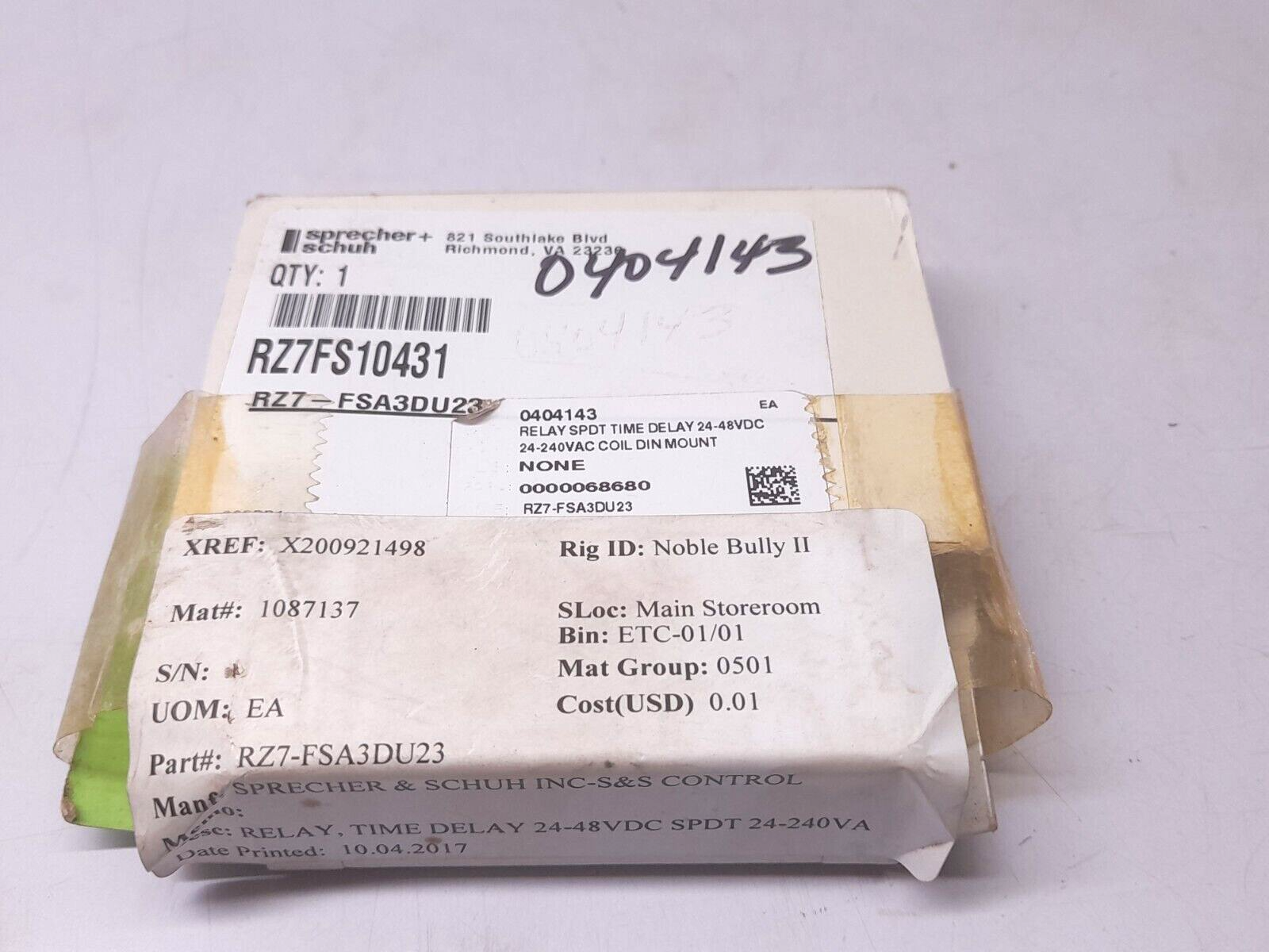 Sprecher Schuh RZ7FS10431 Time Delay Relay RZ7-FSA3DU23 1.5…30s 240VAC 48VDC