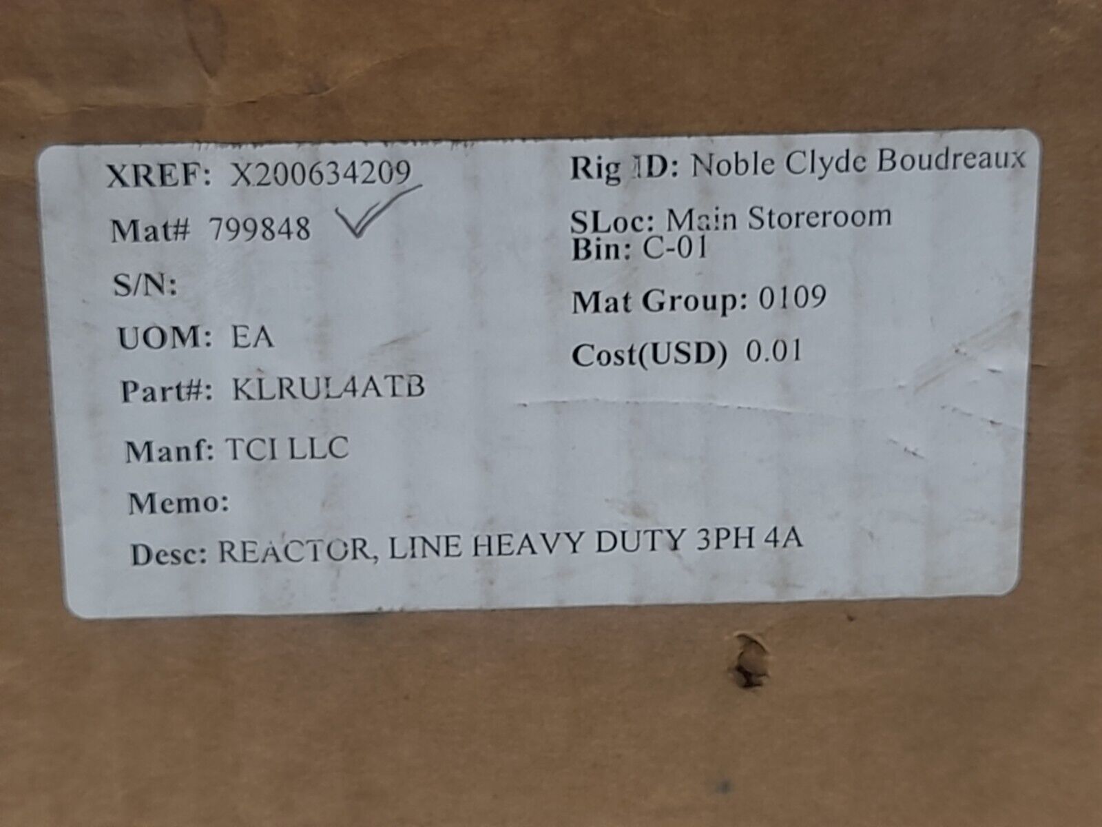 TCI Trans-Coil KLRUL Line Reactor KLRUL4ATB 3PH 50/60Hz 600V Max 4A 4ATB