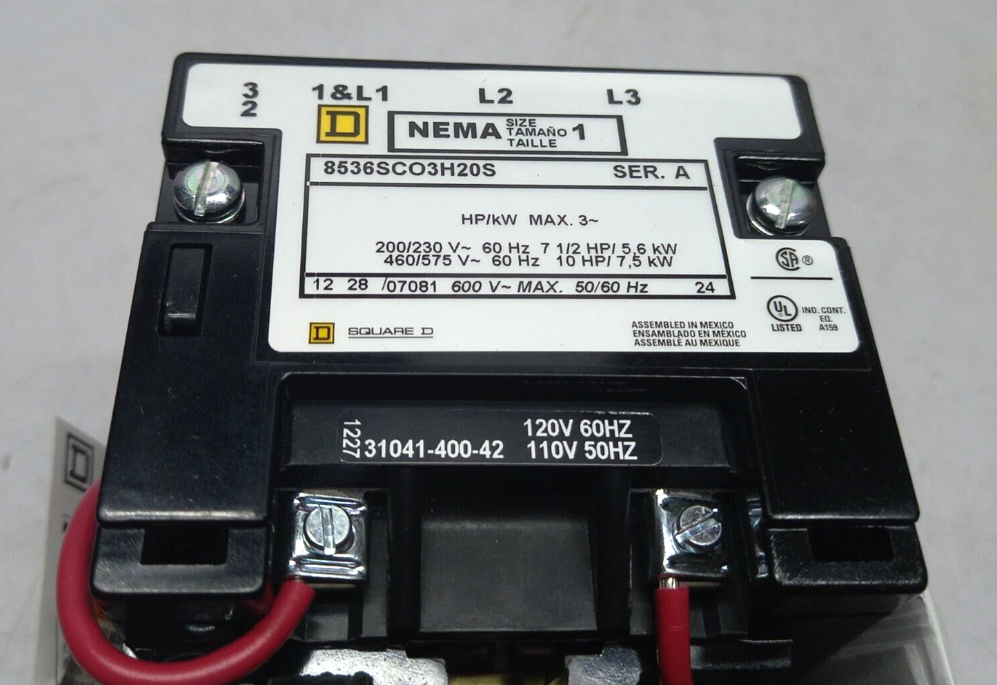 Square D 8536SCO3V02H20S Ser A AC Magnetic NEMA Size 1 Starter 110V50HZ 120V60Hz