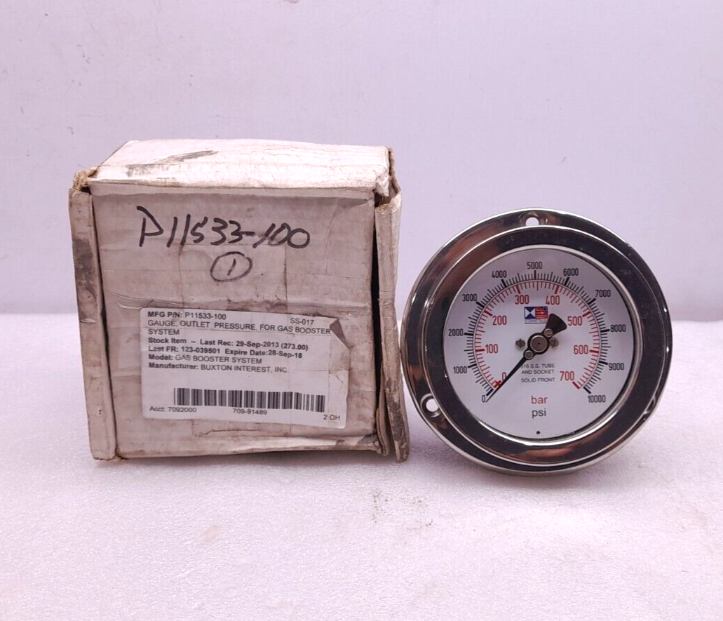 Stewart 0-700 Bar 0-10000 PSI Buxton P11533-100 Outlet Pressure Gauge