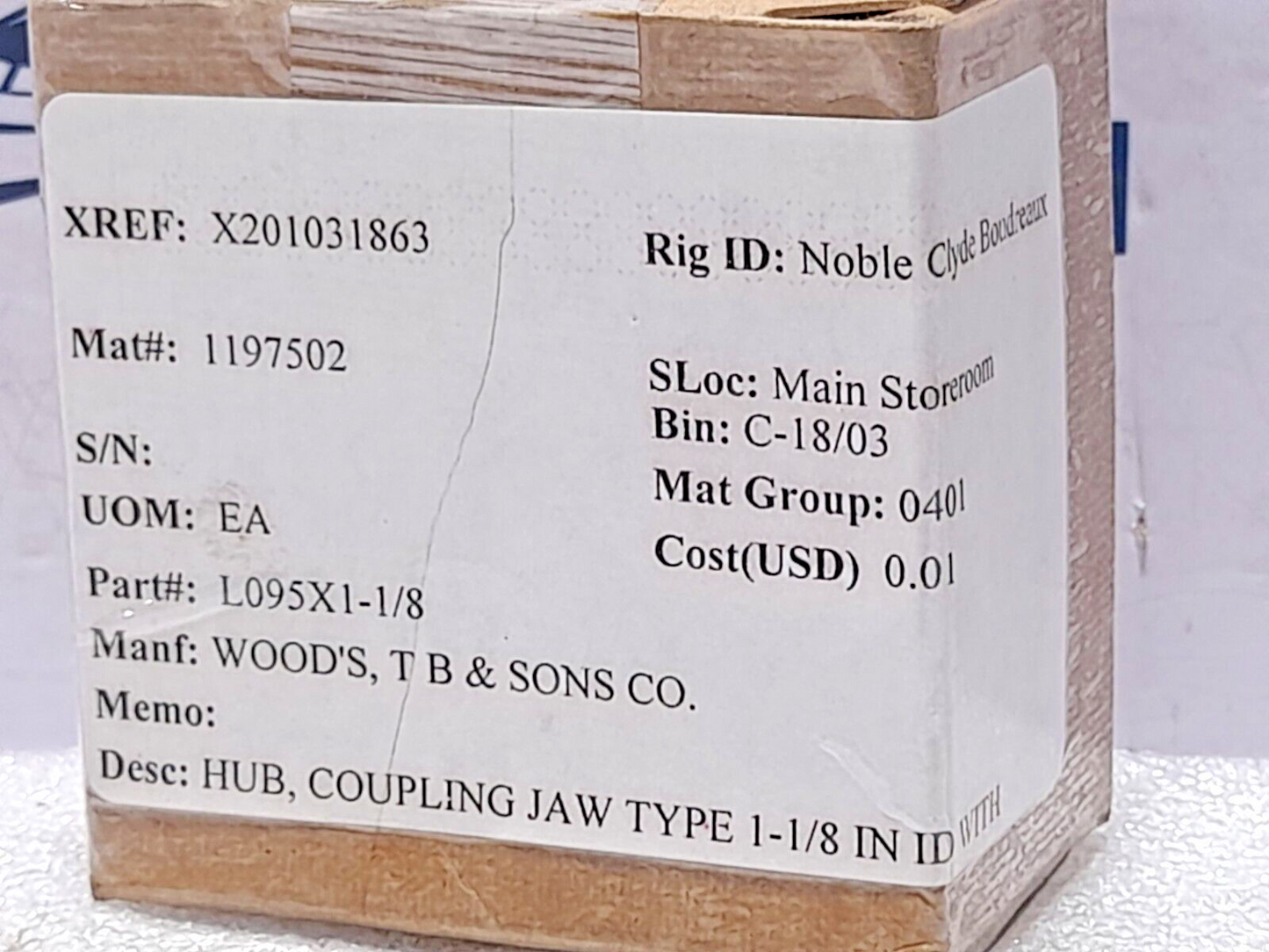 TB WOOD’S L095X1-1/8 Jaw Coupling Hub 9867211060