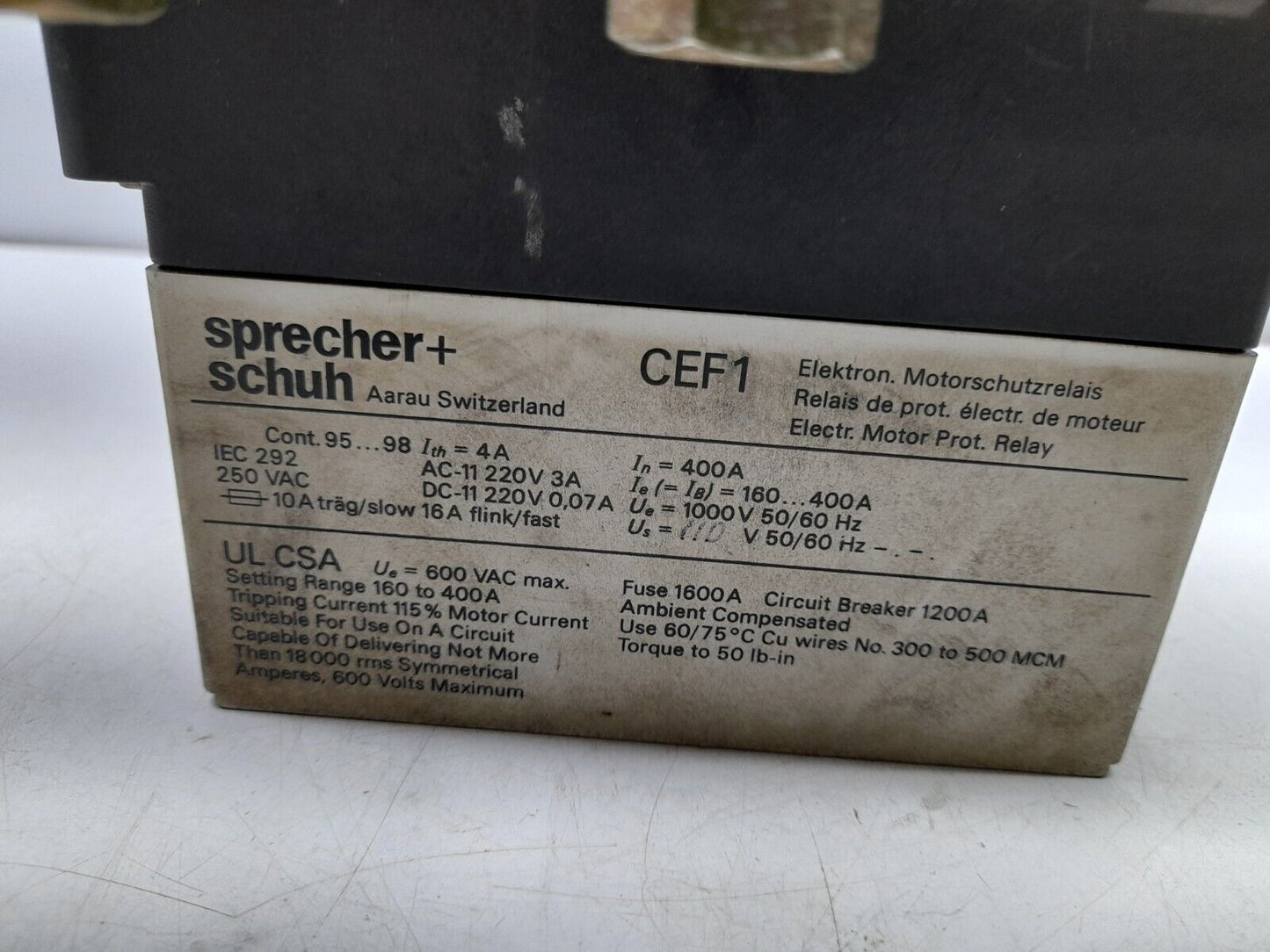 Sprecher Schuh CEF1-22 Electronic Motor Protector Relay Cont 95…98 Ith=4A In=400