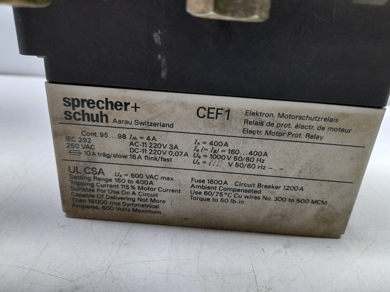 Sprecher Schuh CEF1-22 Electronic Motor Protector Relay Cont 95…98 Ith=4A In=400