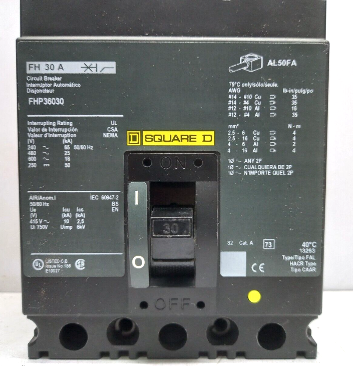 Square D FHP36030 Circuit Breaker 30A 3P 600VAC 250VDC 50/60Hz FH 30 A