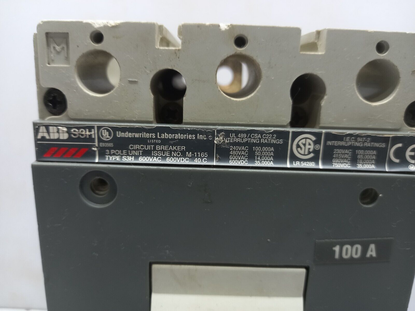 ABB S3H Circuit Breaker 100A 600VAC 600VDC 3 Pole