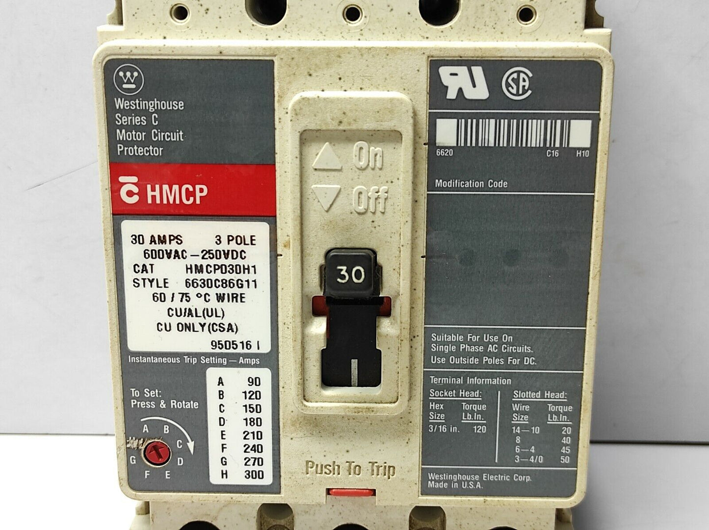 Westinghouse HMCP030H1 Ingersoll Rand 39124235 Circuit Breaker 30Amps 3Pole 600V