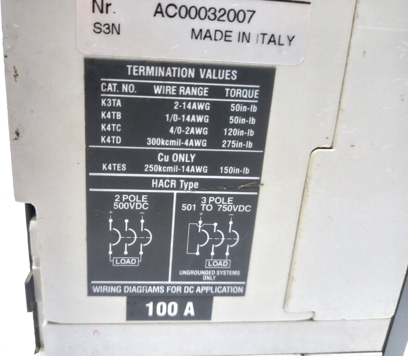 ABB S3H Circuit Breaker 100A 600VAC 600VDC 3 Pole