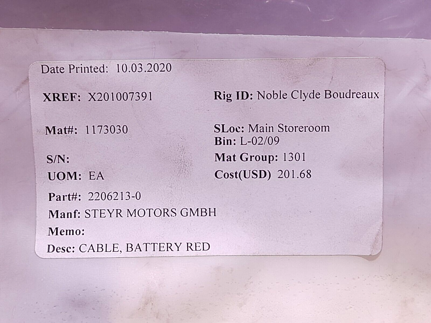 Steyr Motors 2206213-0 Battery Red Cable