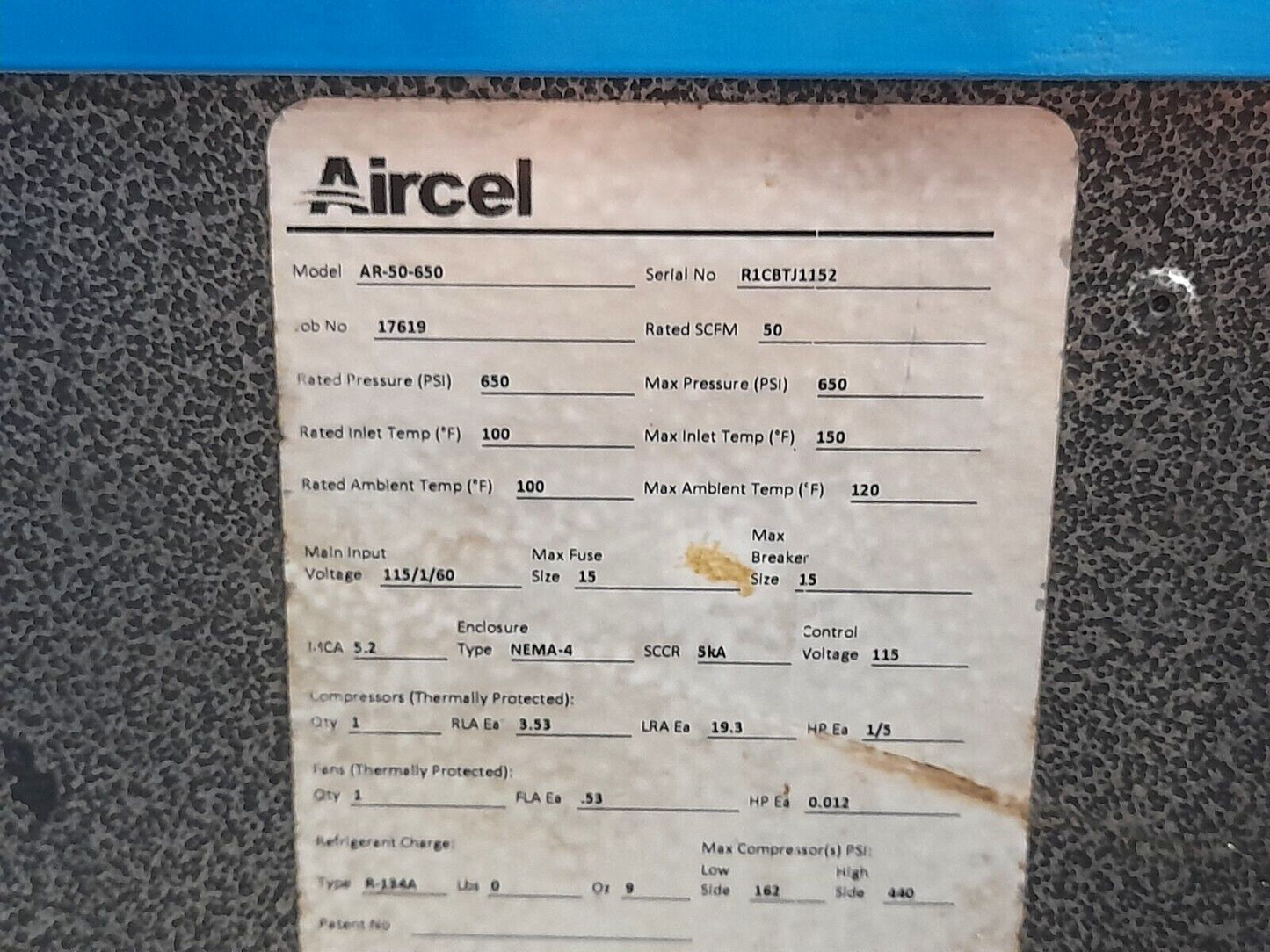 Aircel AR-50-650 Refrigerant Dryer AR50650 Rated SCFM 50