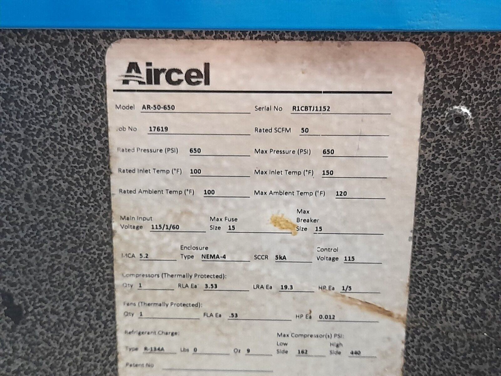 Aircel AR-50-650 Refrigerant Dryer AR50650 Rated SCFM 50