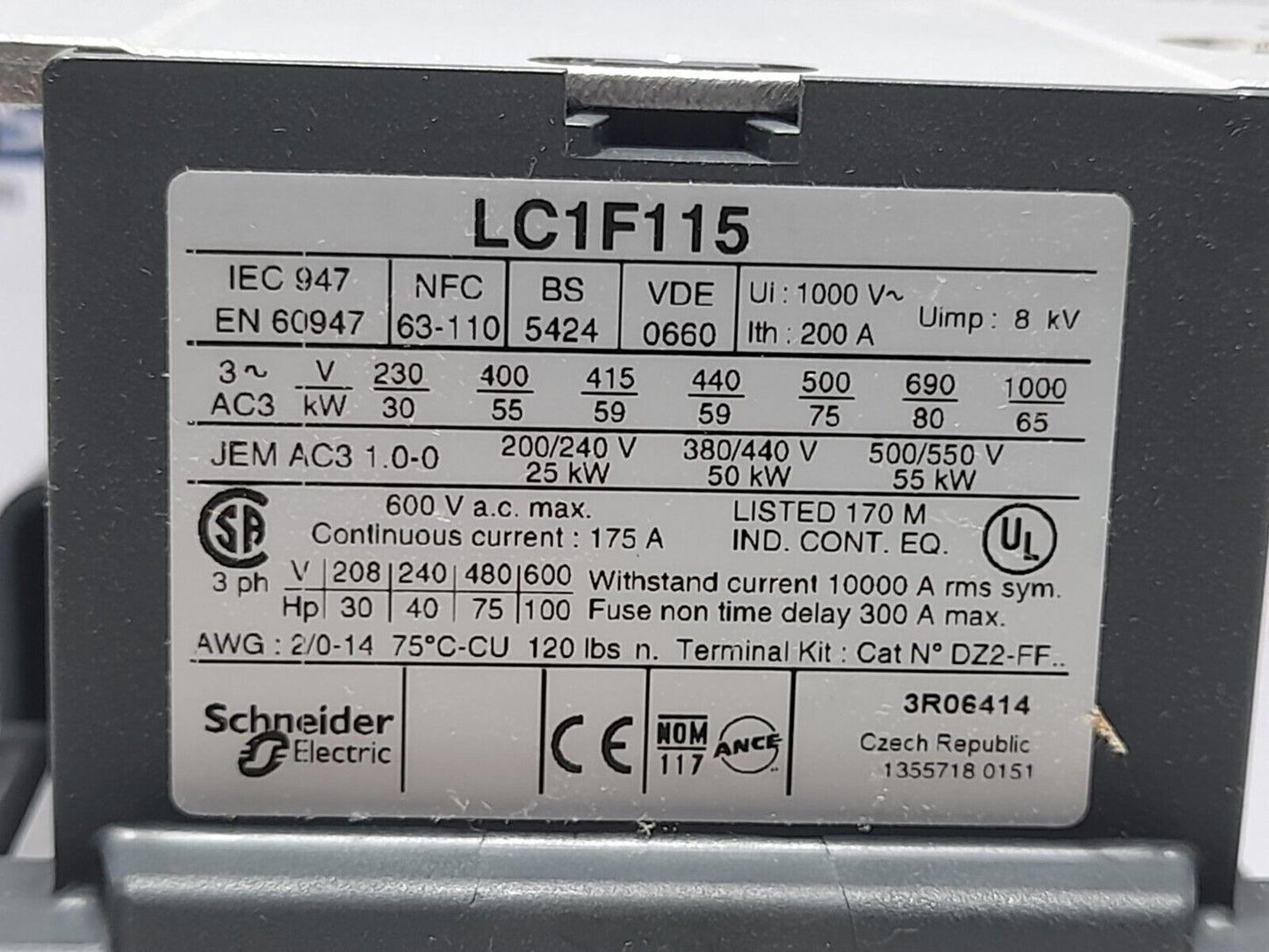 Telemecanique LC1 F115 Contactor LX1FF095 Coil 95V50Hz 115-120V60Hz / LC1F115