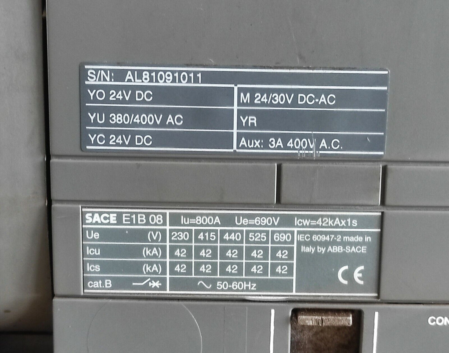ABB Sace E1B 08 Circuit Breaker With ABB Sace PR121/P Solid State Programmer LSI