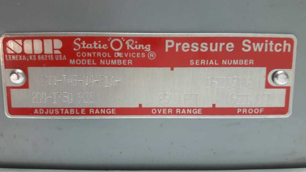 SOR 9NN-T45-N4-F1A Pressure Switch Adjustable Range 200-1750 PSI 9NNT45N4F1A 
