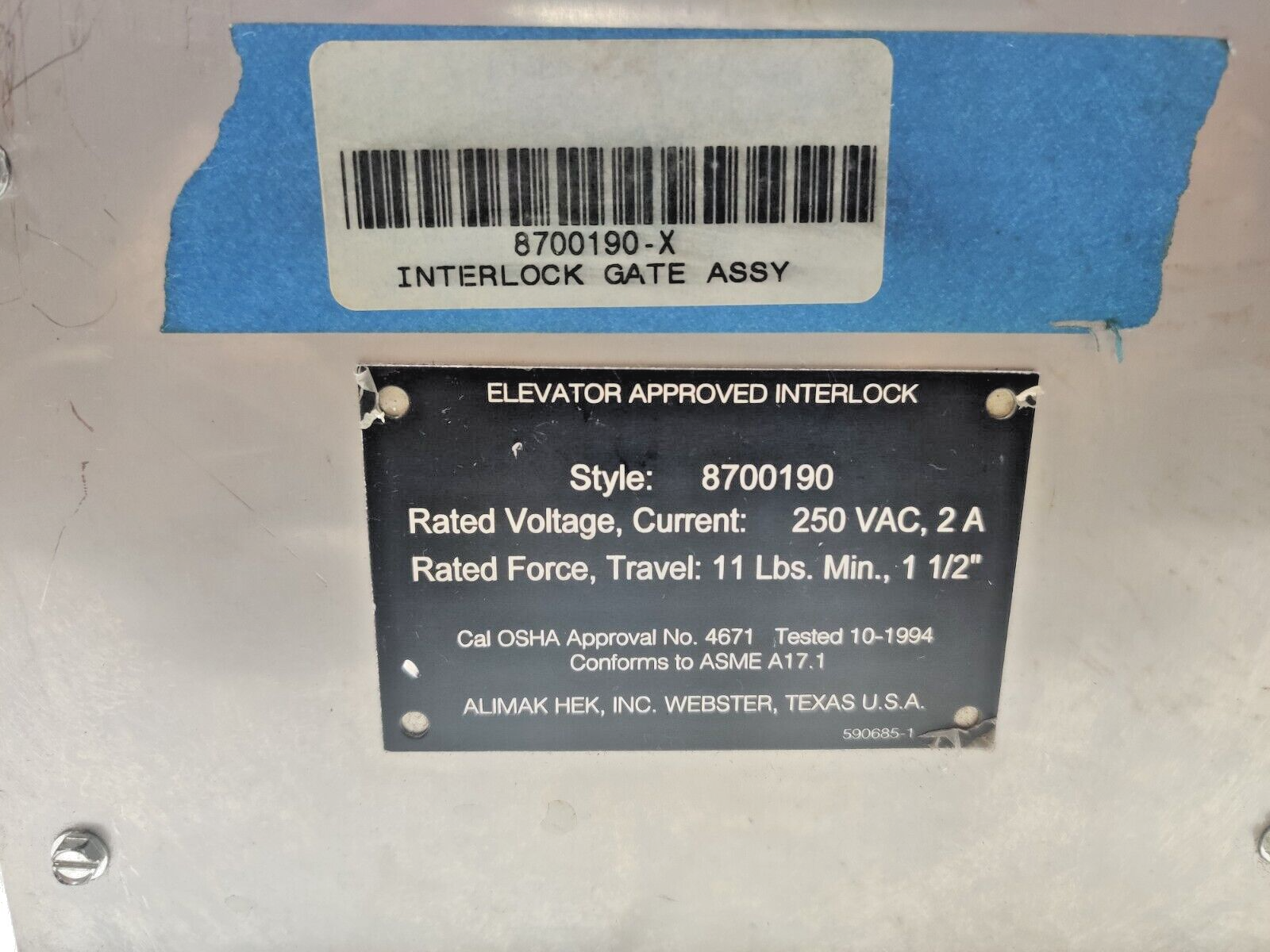 Alimak 8700190 Elevator Approved Interlock 250VAC 2A