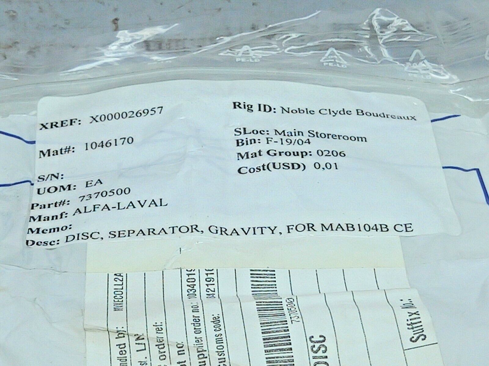 Alfa-Laval 73705 Gravity Separator Disc 7370500 2PCs In Lot