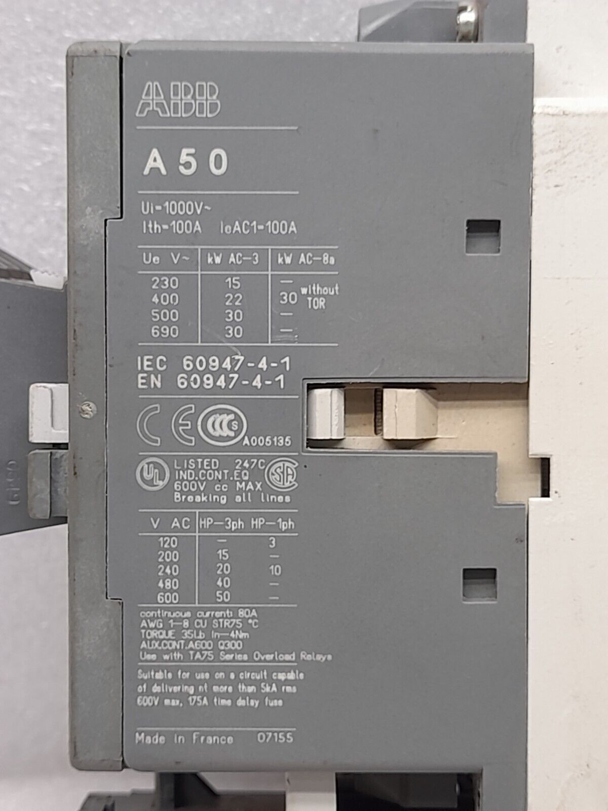 ABB A50 Contactor With TA75DU-42 Thermal Overload Relay 29-42A CA5-10 CA5-01