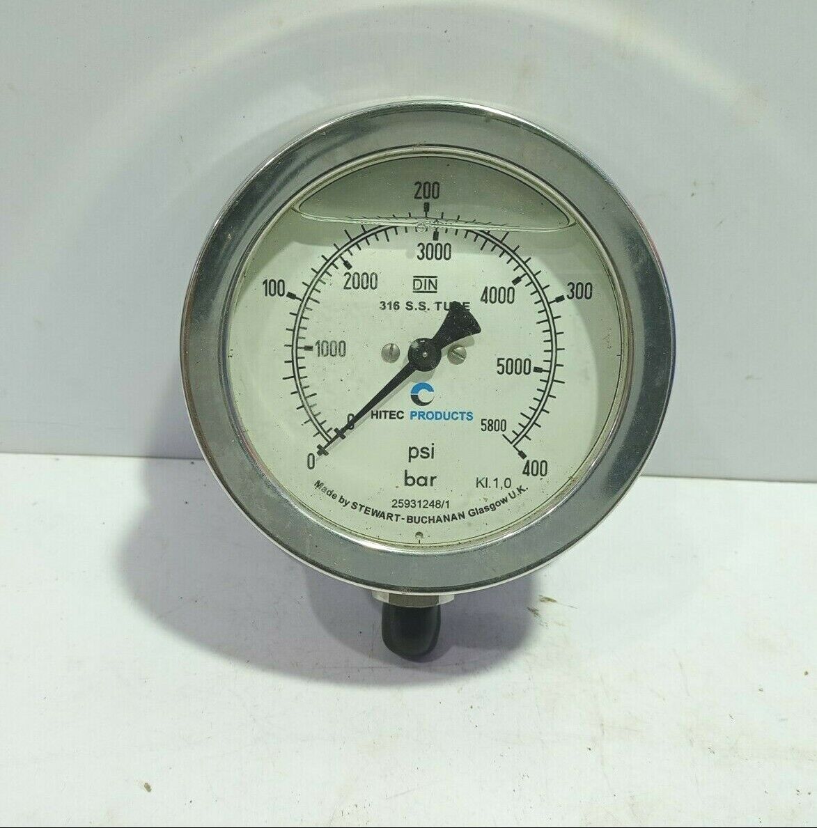 Stewart 0-5800PSI 0-400Bar Pressure Gauge Hitec Products 316 SS Tube