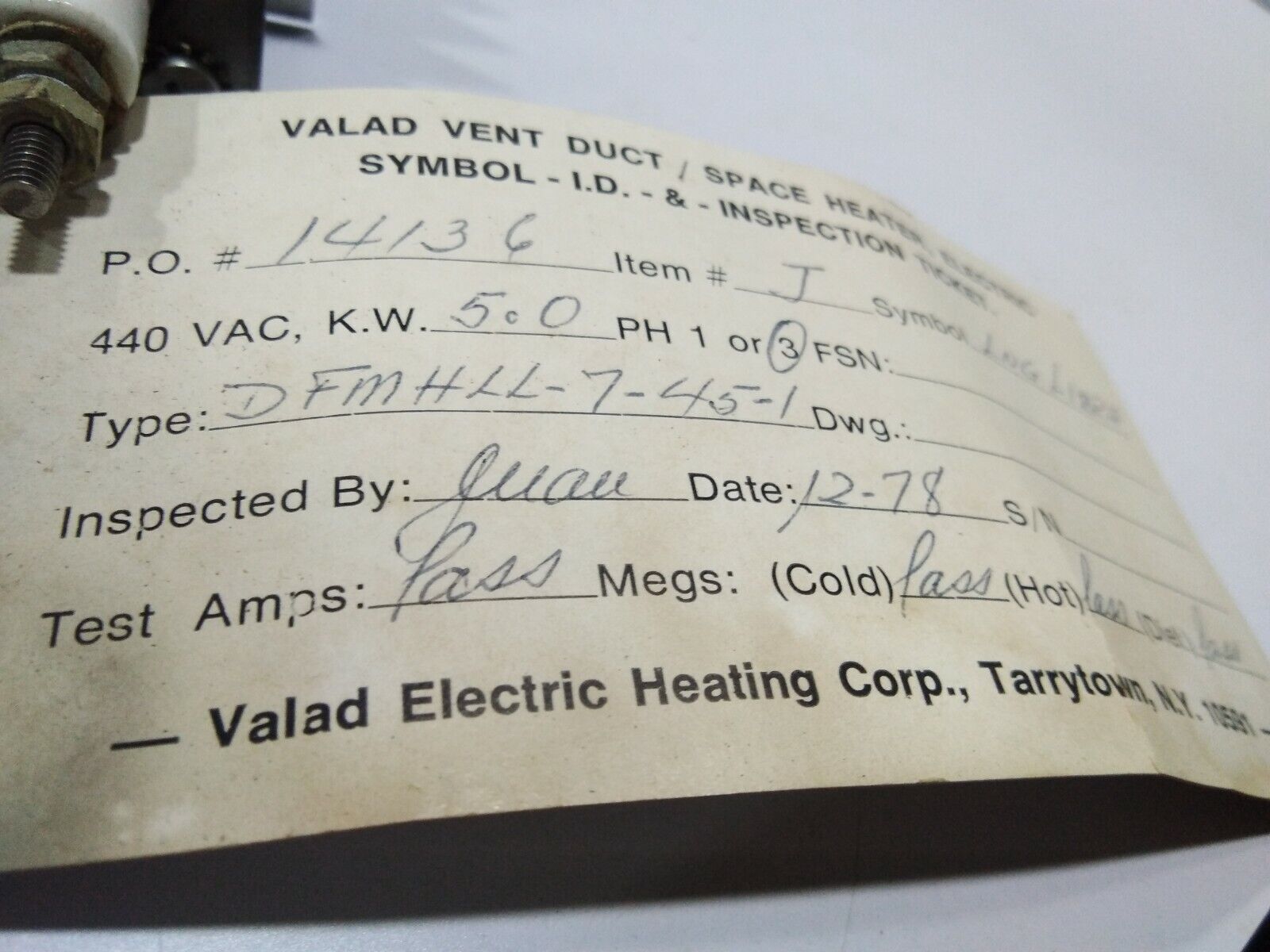 VALAD DFMHLL-7-45-1 HEATER HEATING ELEMENT 440VAC 5.0KW