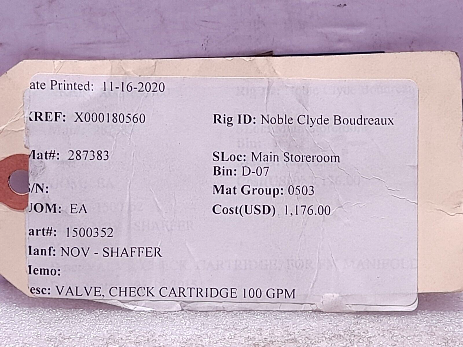 Kepner 2224D-3-5 Flow Valve NOV Shaffer 1500352 Check Cartridge Valve 100GPM