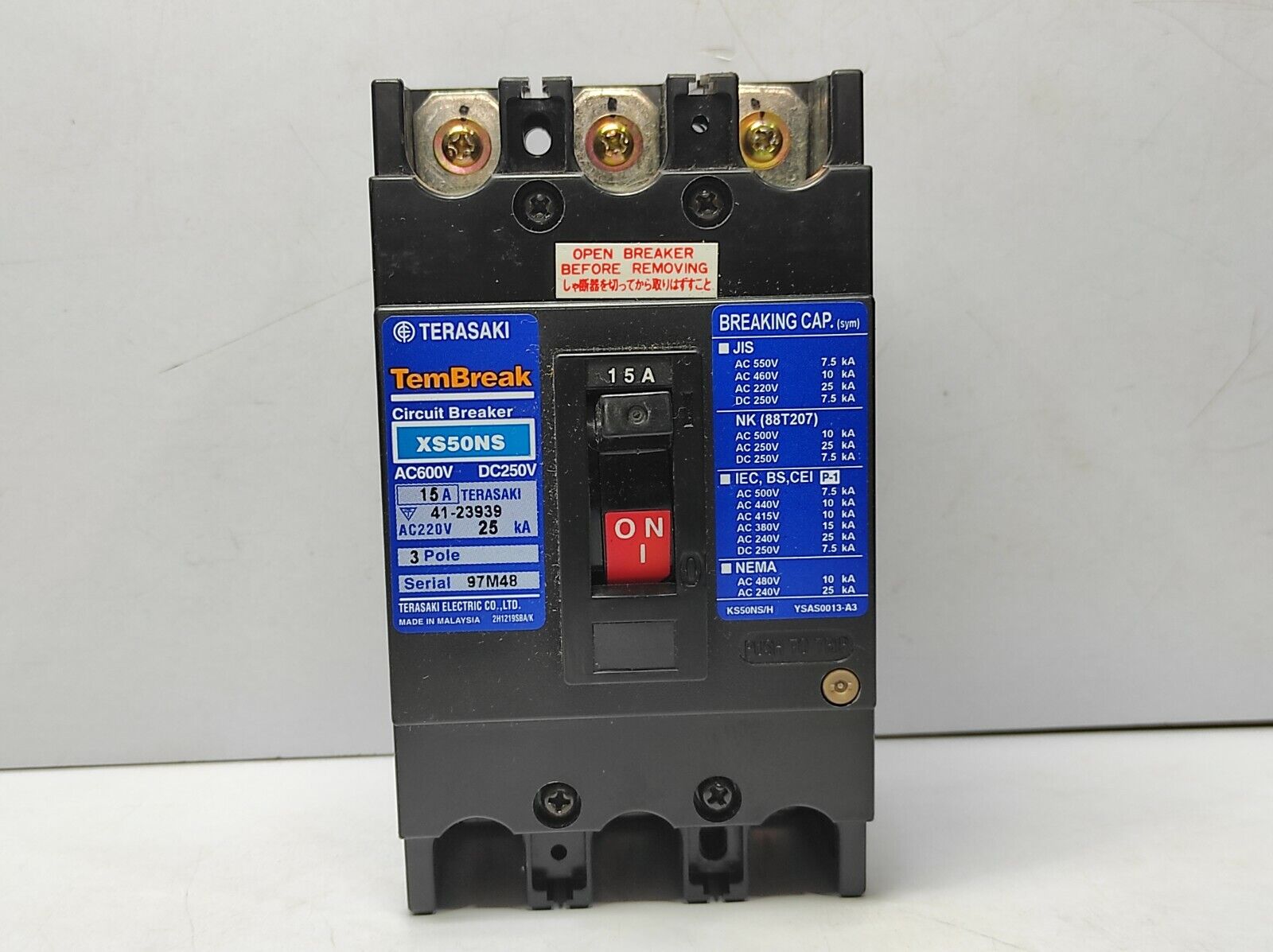 Terasaki XS50NSp TemBreak Ciruit Breaker 3P 15A PM Special Spec. K / XS50NS