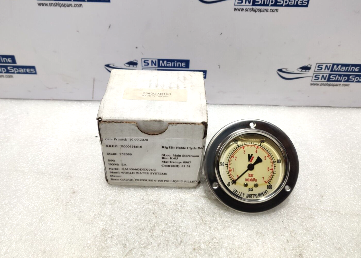 Valley Instruments 2340GXB100 Liquid Filled Pressure Gauge 0-100Psi 0-7 Bar