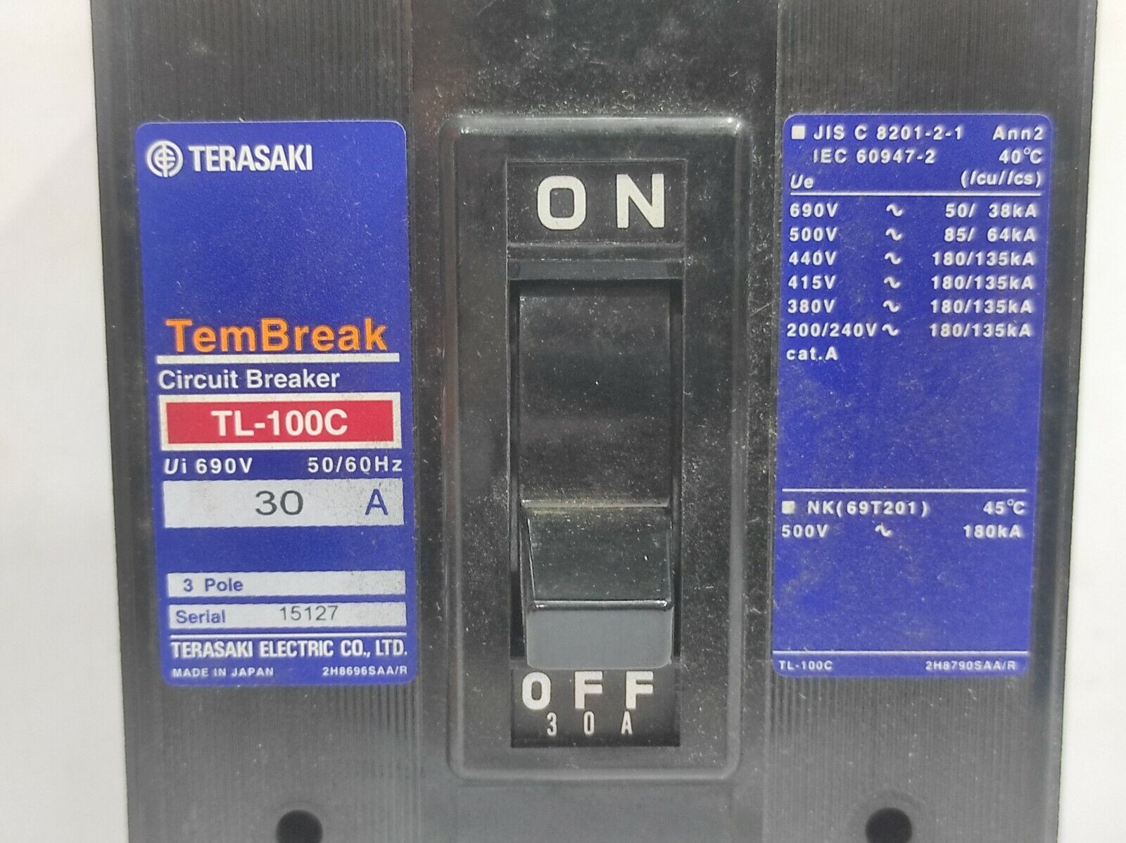 Terasaki TL-100C TemBreak Circuit Breaker 3P 30A PM 50_60Hz / TL100C30A