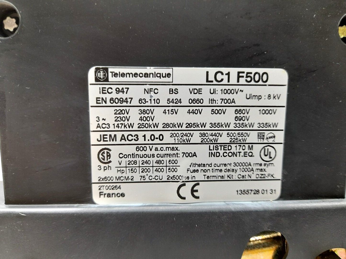 Telemecanique Square D LC1 F500 Contactor Without Coil LC1F500