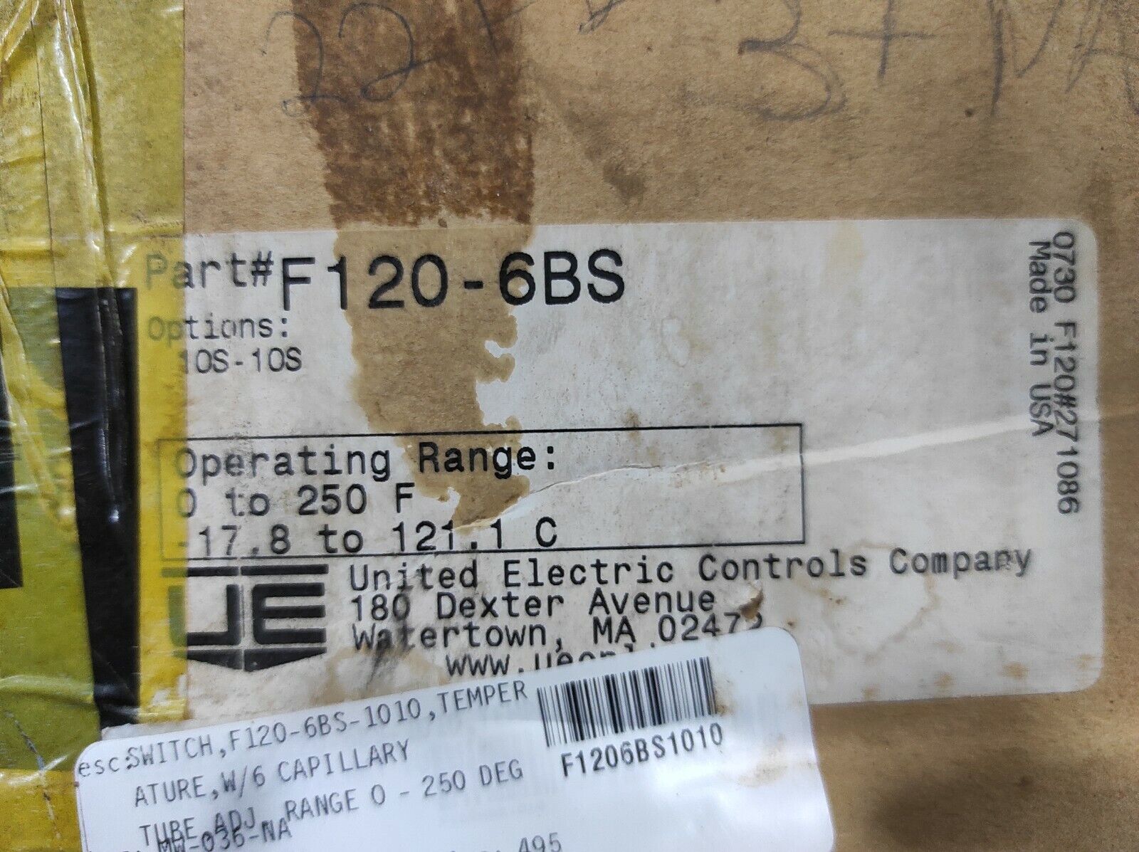 United Electric F120-6BS Temperature Switch Option 10S-10S Operating Range 0to25