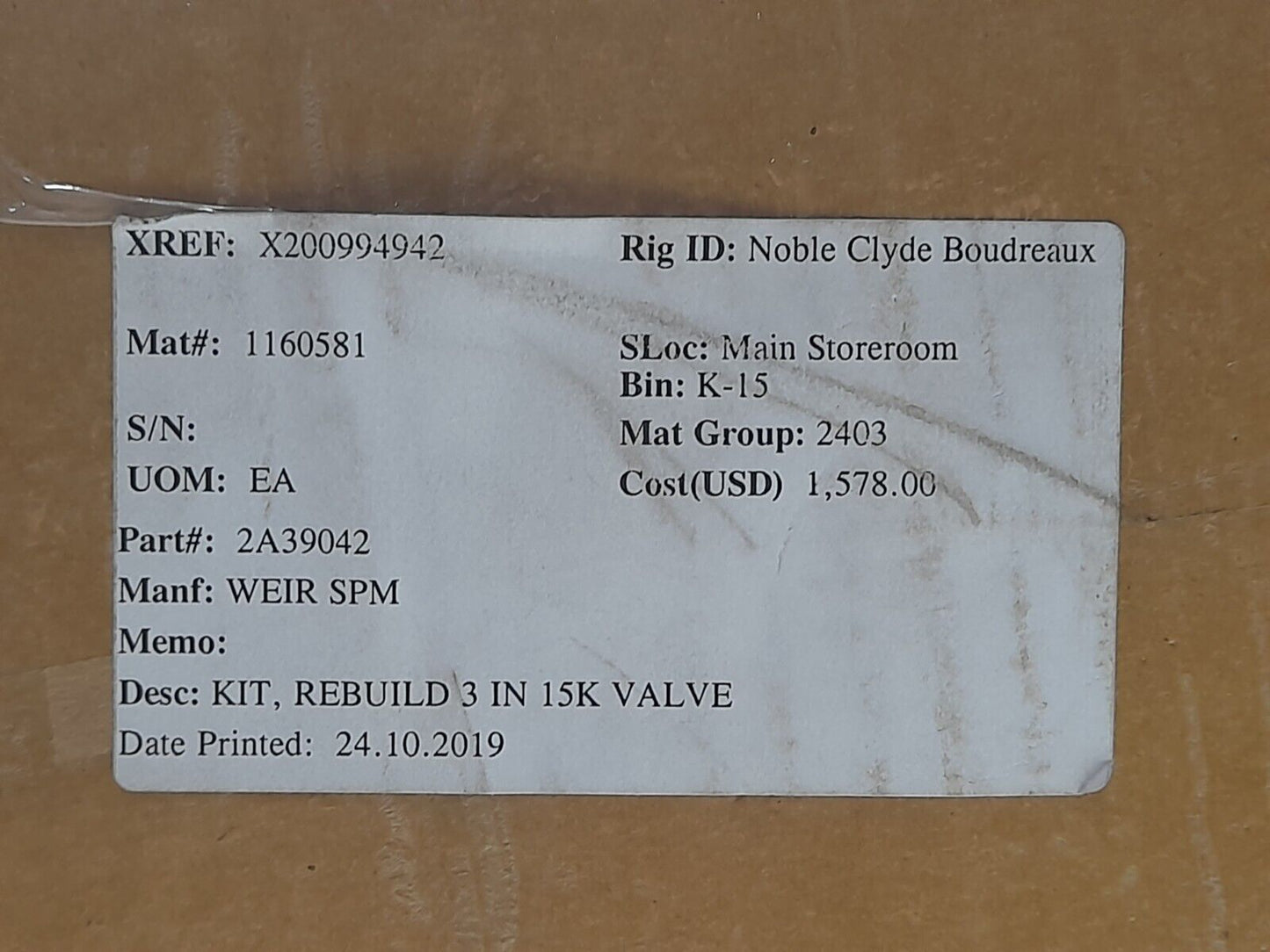 Weir 2A39042 Rebuild Kit 3In 15k Valve Kit/Parts/PV/3.00/LT/SD/NCKL PLTD SPM 1P1