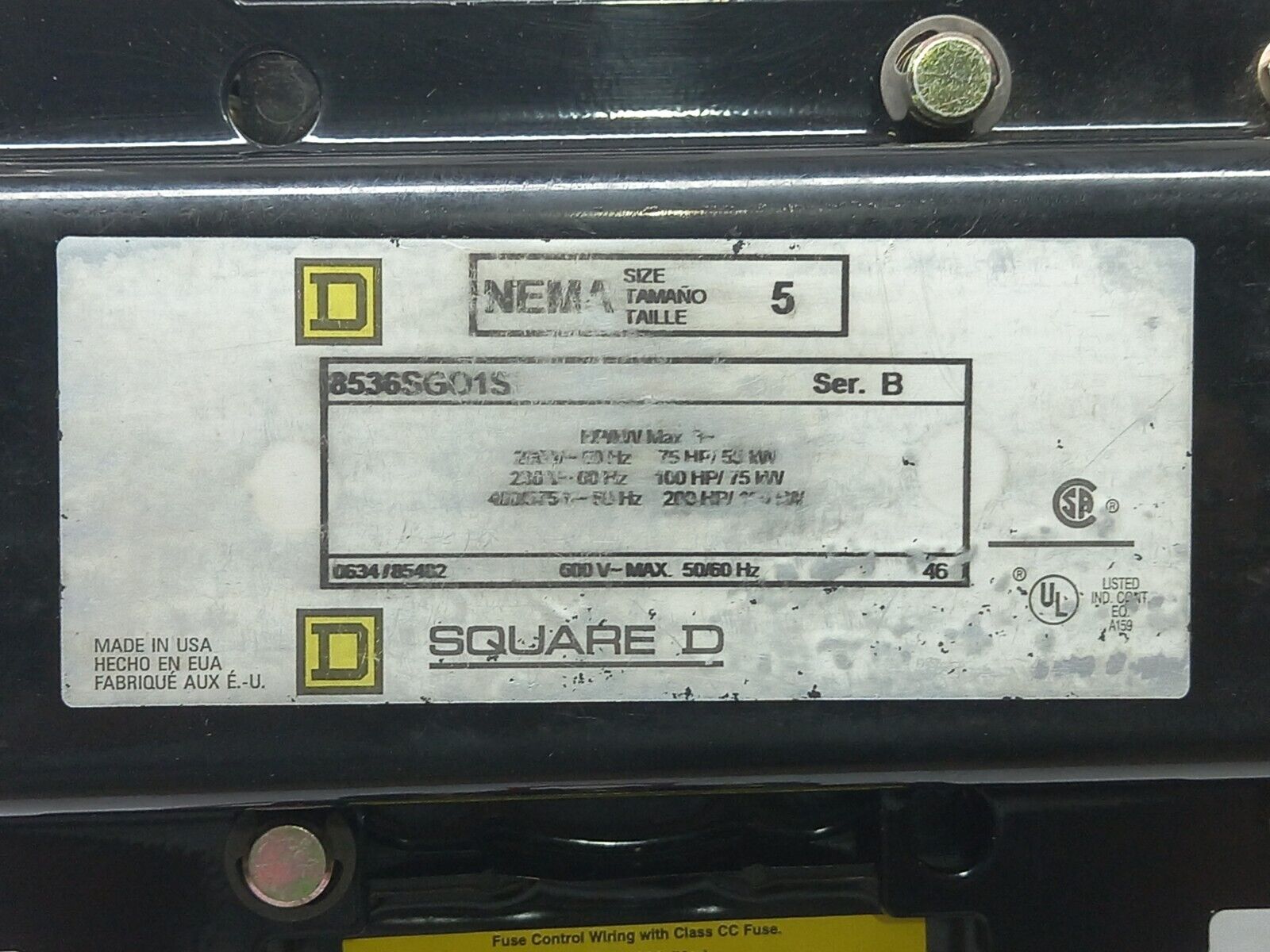 Square D 8536SGO1V02S Ser B AC Magnetic NEMA Size 5 Starter 110-120V 50/60Hz