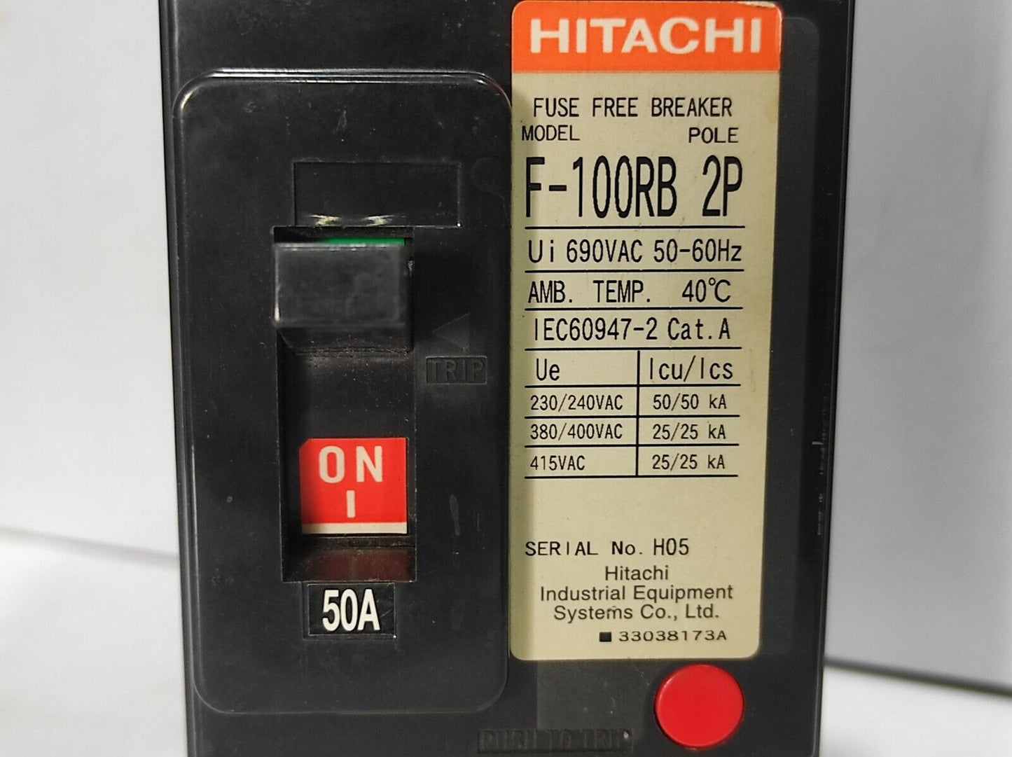 Hitachi F-100RB Circuit Breaker 2P 50A Ui 690VAC 50-60Hz