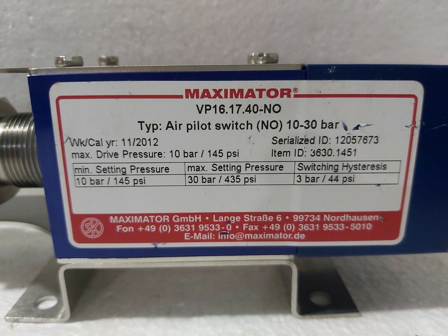 MAXIMATOR VP16.17.40-N0 AIR PILOT SWITCH (N0) 10-30 BAR VALVE 