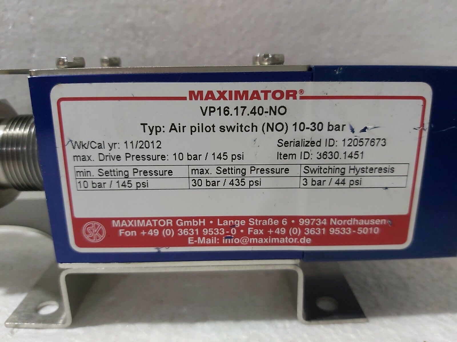MAXIMATOR VP16.17.40-N0 AIR PILOT SWITCH (N0) 10-30 BAR VALVE 