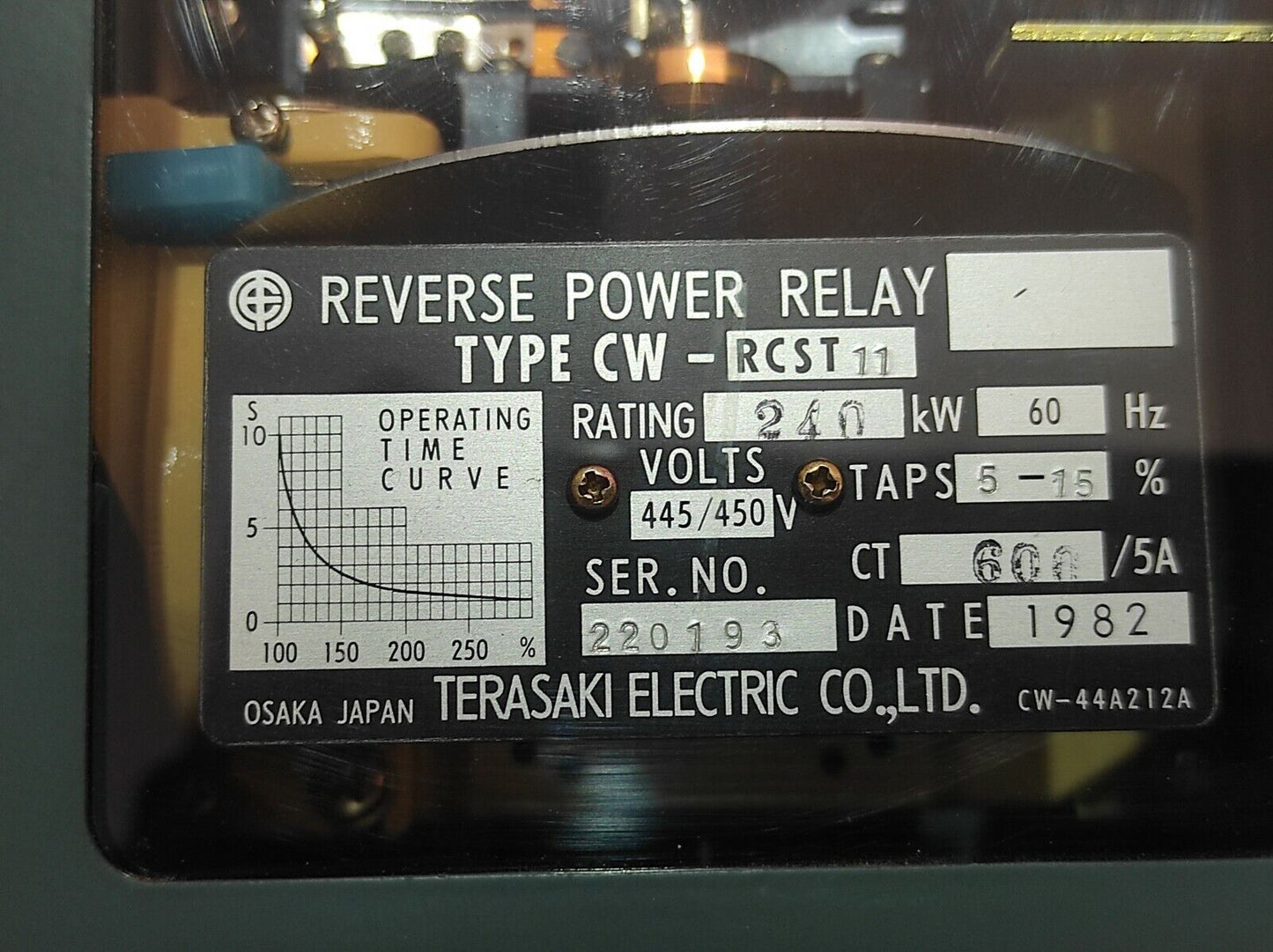 Terasaki CW-RCST11 Reverse Power Relay CWRCST11 Rating 240kW 60Hz Volts 445/450V